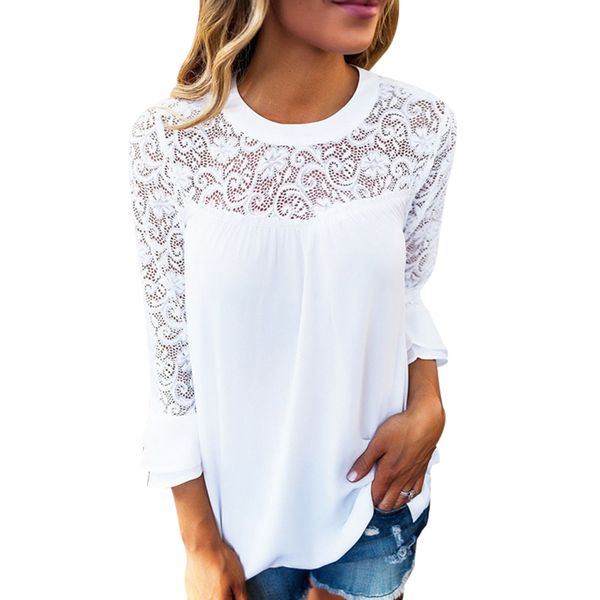 

women summer long sleeve elegant white lace blouse femme hollow out ladies office chiffon shirt transparent cotton blusas mujer