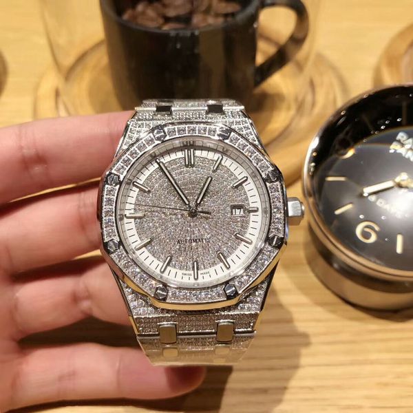 

fashion brand men's diamond watch quality royal oak multifunctional automatic movement 43mm sapphire glass mirror new release, Slivery;brown