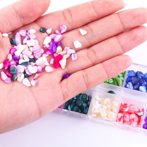 

12 pots colorful natual shell stones slice nail art decorations irregular broken dyed natural rhinestones 3d manicure sequins, Silver;gold
