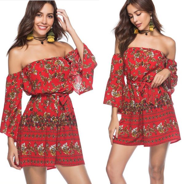 

2018 europe and the united states shoulder sleeve trumpet positioning bouquet waist women rompers pants female, Black;white