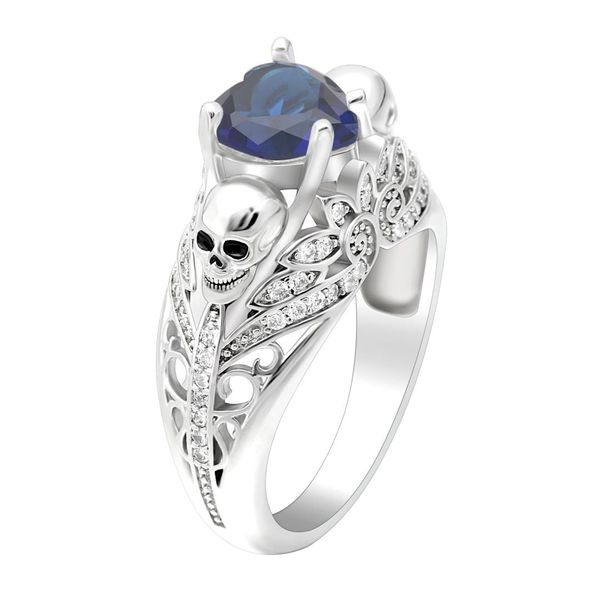 

white gold color ring white royal blue with skeleton wedding birth cz paved zircon cut modern vintage skull design rings jewelry, Golden;silver