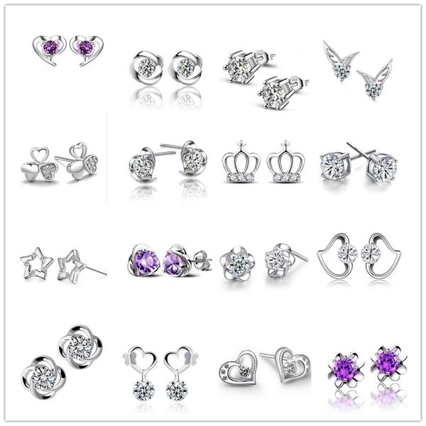 

мода 925 посеребренная маленькие серьги сердце клевер корона серьги стержня для женщин ювелирные изделия, Golden;silver