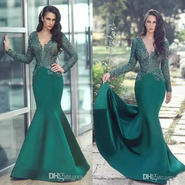 

2018 hunter mermaid evening dresses with v neck stunning major beading lace applique long sleeves satin prom dress runway fashion, Black;red