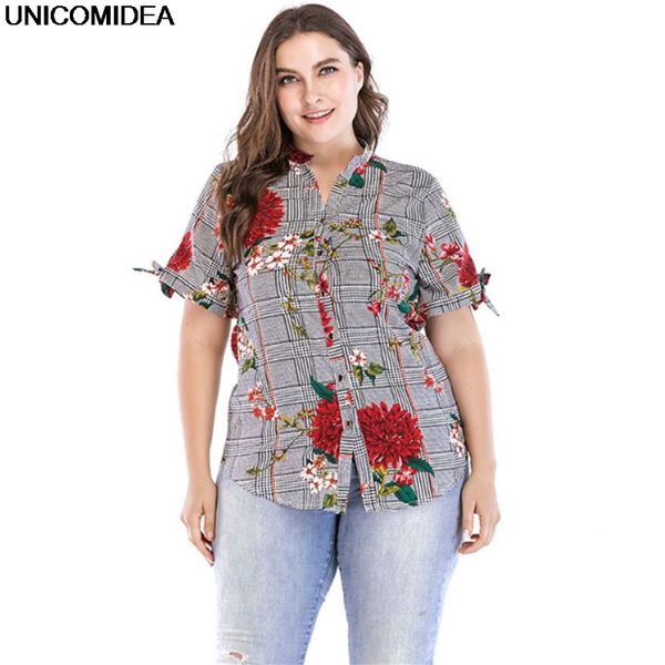 

plus size women blouse flower floral plaid short sleeve loose blouses shirt camisa feminina blusas chemise femme women 7xl, White