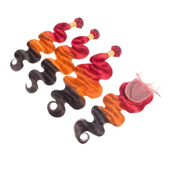 Ombre Color Red Orange Black Lace Closure With Body Wave Hair