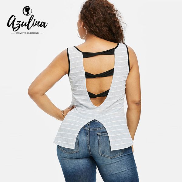 

azulina plus size striped ladder cut tank summer casual o neck sleeveless bowknot ladies big size women tanks clothing, White