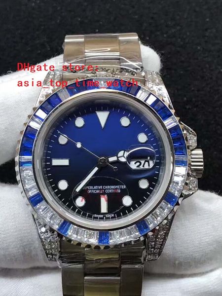 

latest version 116610 asia 2813 movement black/blue dial 40mm crystal diamond bezel watchcase set auger automatic men's watch, Slivery;brown