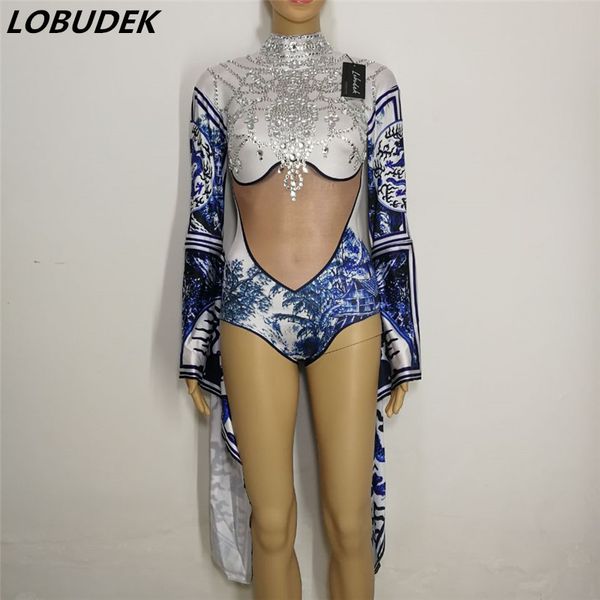 

retro pagoda sleeve bodysuit sparkly crystals leotard jumpsuit nightclub female singer group costume dj performance catsuit, Black;white