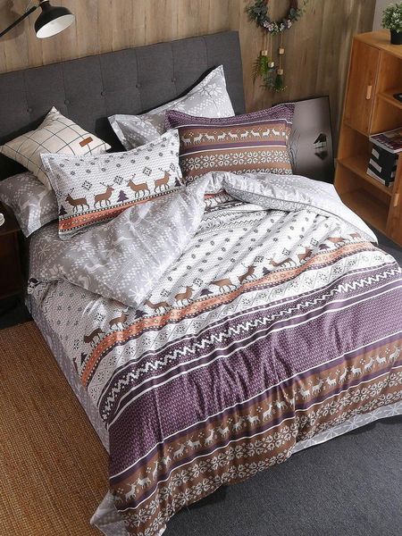 

3/4 pcs bedroom duvet cover set elk geometric printed soft cozy bed linens