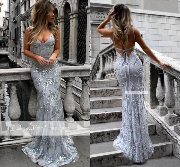 

Silver Sequin Prom Dresses Sexy Low Back V Neck Party Gowns Long Tulle Elegant Evening Dress for Women Custom Made