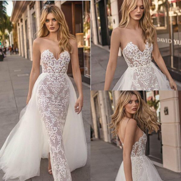 

berta 2018 mermaid beach wedding dresses with detachable train lace appliqued backless bridal gowns trumpet illusion country wedding dress, White