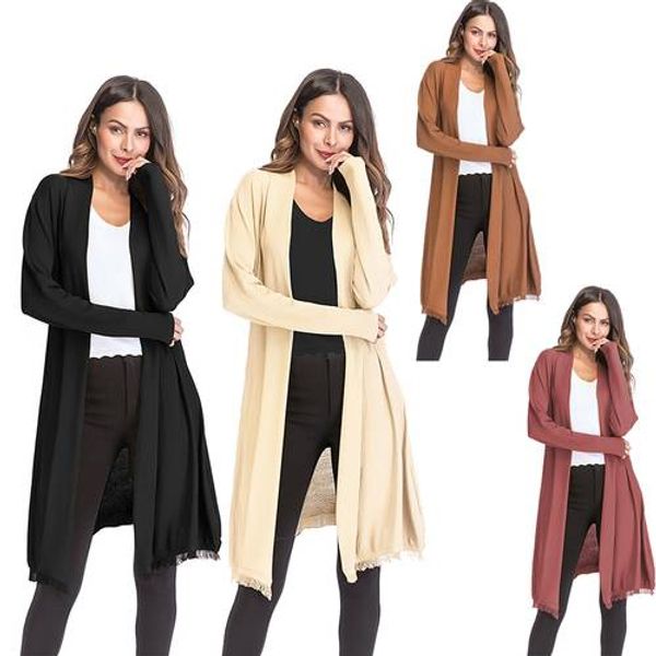 

women's trench coat solid color open front tassel decor knitting chic outwear, Tan;black