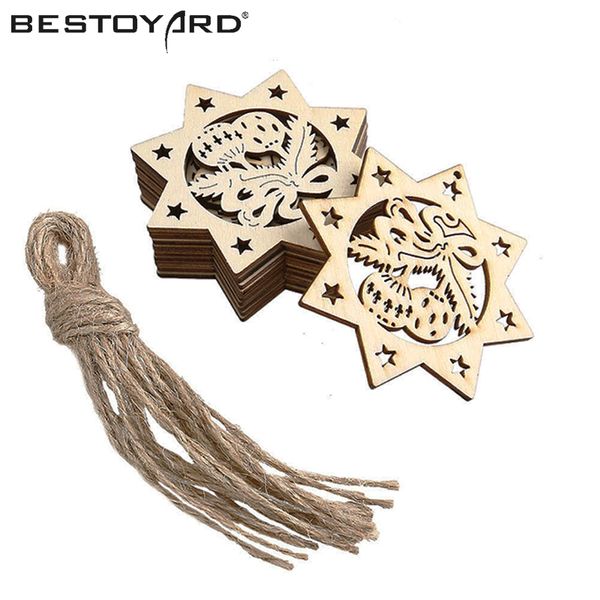 

10pcs wooden embellishments with string christmas decoration octagon bells