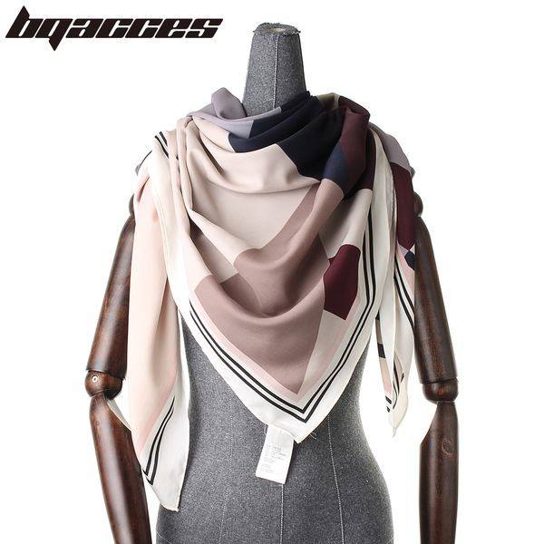 

bqacces] new silk square scarf women geometric print georgette silk scarves thin fashion headband bandana shawl wraps 130*130cm, Blue;gray
