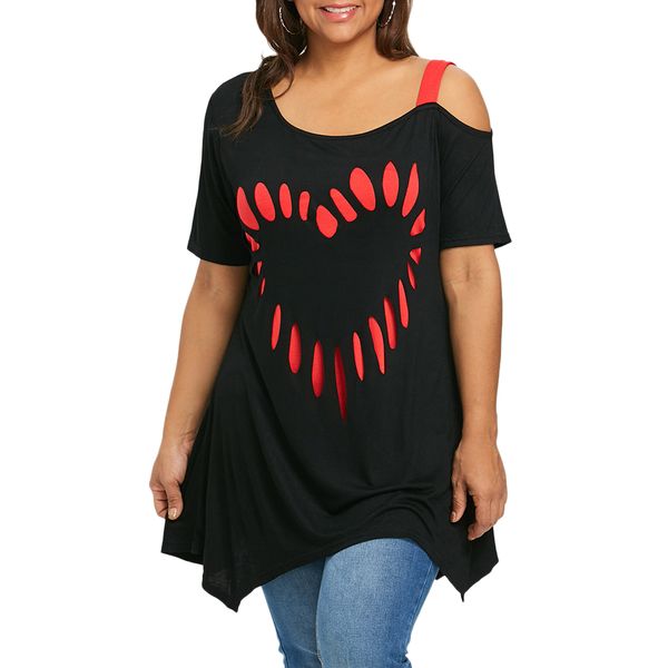 

Casual Women Summer Casual Irregular Top Plus Size 5xl Short Sleeve Heart Print Tunic T -Shirt Pullover Ladies Skew Neck T-Shirts Female