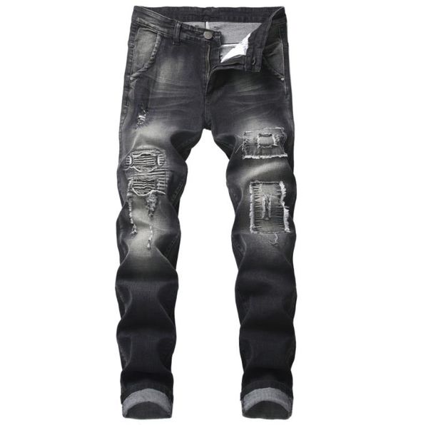 

black streetwear hip hop stretch jeans men's straight biker jeans ripped distressed patch denim pants hole vintage trousers, Blue