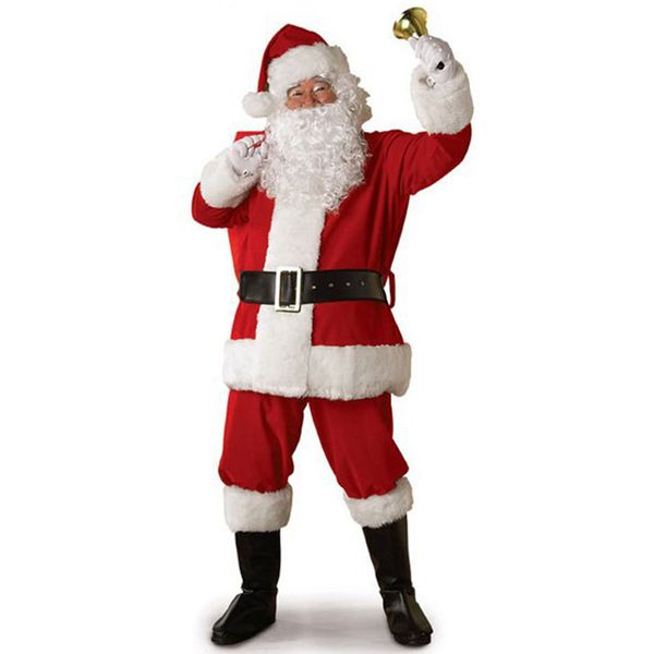

santa claus costume suit plush father fancy clothes xmas cosplay props men coat pants beard belt hat christmas set, Black;red