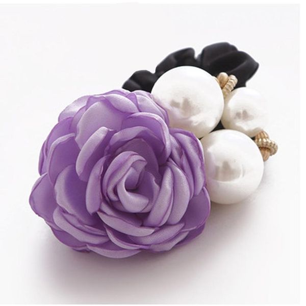 

women satin ribbon rose flower pearls hairband ponytail holder hair band x6275down, Brown