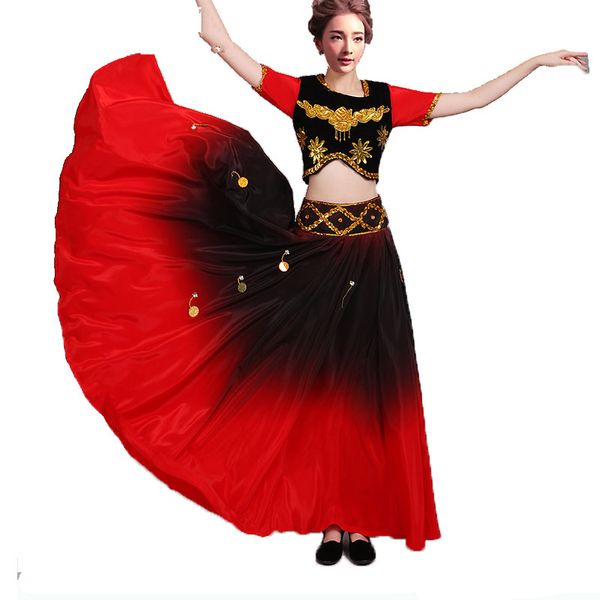 

gradient flamenco dance set skirt gold coin spanish dancing performance costume women vestido flamenco 360 degree plus size, Black;red