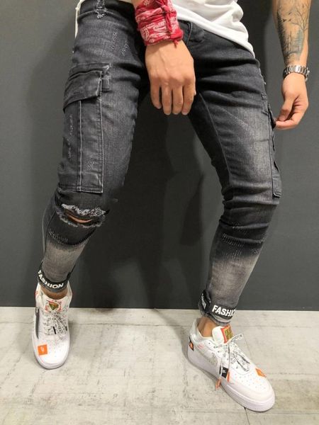 

2018 new slim fit ripped jeans men blue & black hi-street male distressed denim personality male knee holes washed denim pants