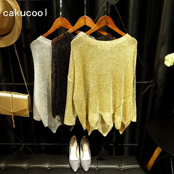 

cakucool gold lurex t-shirt spring long sleeve asymmetric pullover knit sequins shiny hollow out tshirt large feminino, White