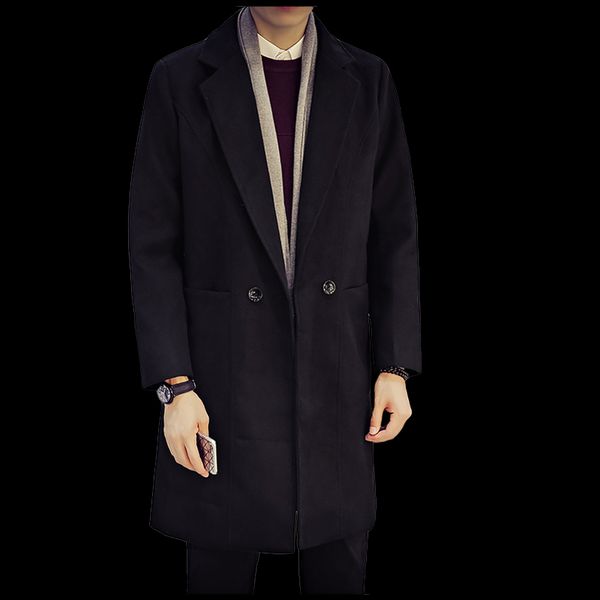 

trench coat male nice autumn winter medium-long business casual british style solid jacket for men thermal woolen windbreaker, Tan;black