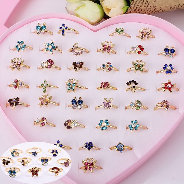 

wholesale mixed assorted flower gold crystal adjustable rings baby kids girls mix styles party gift jewelry with display box, Golden;silver