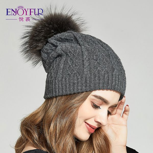 

enjoyfur winter slouchy hats for women real raccoon fur pompom beanies thick warm knitted lady caps, Blue;gray