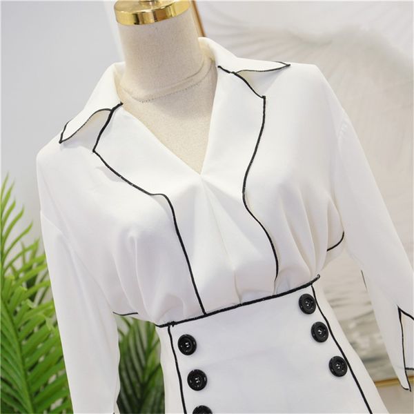 

2018 euramerican spring summer new fashion high street turn-down collar office lady button pollover elegant 2 pieces skirt set, White