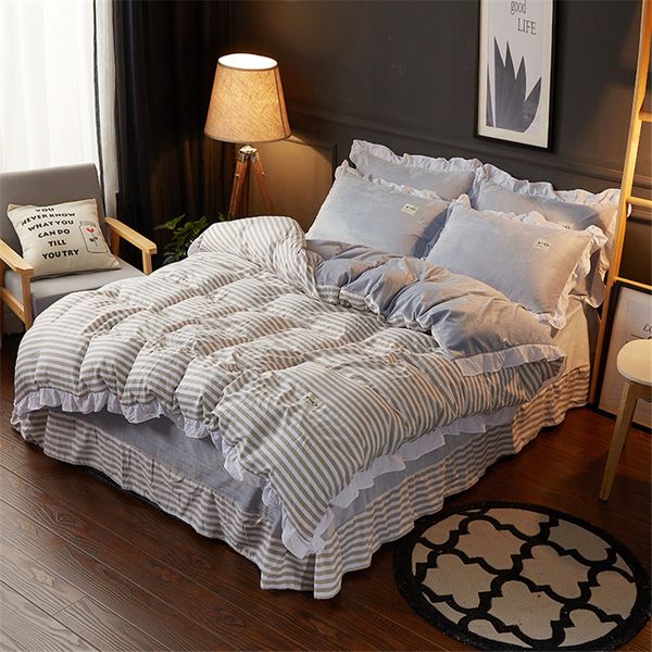 

crystal velvet a b fabric stripe plaid winter gray duvet cover bed sheet pillowcase 4pc bedding set adult/kid ruffles bedclothes