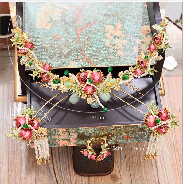 

bridal headdress, red pomegranate, jade, gold, butterfly, fringed hairpin, classic hair accessories, Slivery;golden