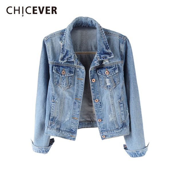 

chicever hole denim women jacket coat female lapel long sleeve autumn plus size slim women's jackets 2018 fashion clothes tide, Black;brown