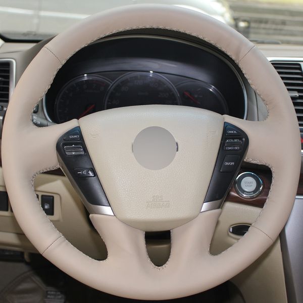 

beige genuine leather hand-stitched car steering wheel cover for nissan teana 2008-2012 murano 2009-2014