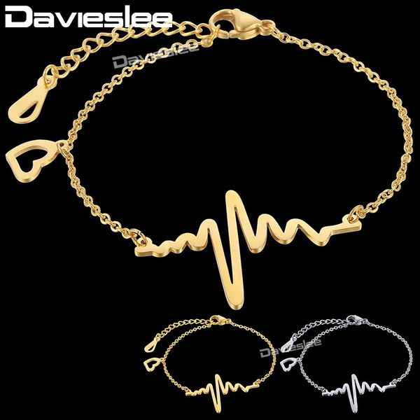 

davieslee electrocardiog heartbeat charm bracelet ladies womens chain heart rhythm ecg ekg stainless steel gold silver dkbm150, Black
