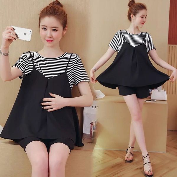 

2017pregnant women suit summer new shorts fake three-piece suit maternity clothes set casual twinset, White