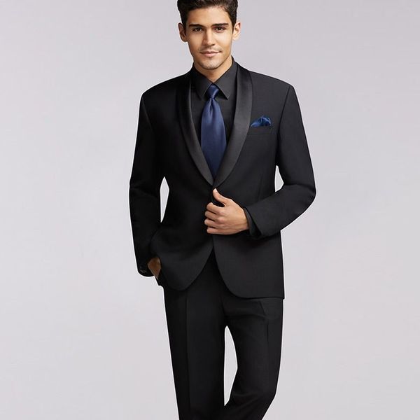 

2018 slim fit groom tuxedos handsome black men suits with black shawl lapel 2 pieces gentle male blazers jacket+pants classic groosmen suits, Black;gray