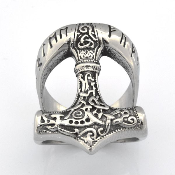 

fanssteel stainless steel vintage mens or wemens jewelry inscription split shank thors hammer ring tool ring fsr14w99, Silver