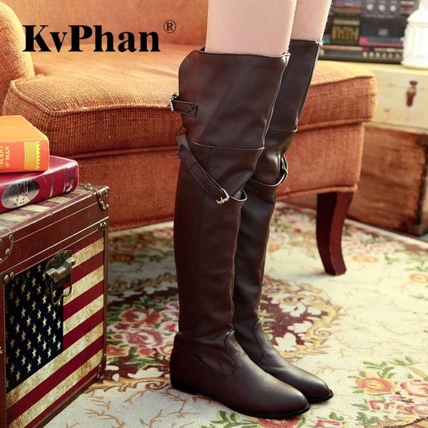 

kvphan soft leather over-the-knee buckle black winter shoes woman pu leather low heels casual boots for lady slip-on solid boots