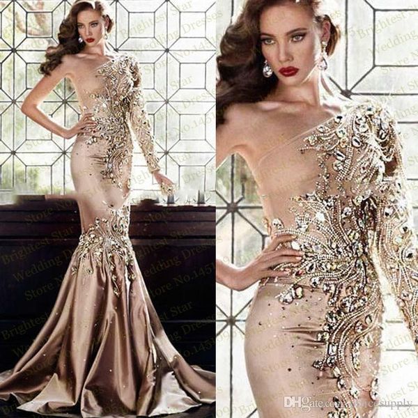 

2019 Luxury Zuhair Murad Crystal Evening Dresses Abaya In Dubai One Shoulder Rhinestone Formal Gowns Muslim Long Sleeve Gold Prom Dress