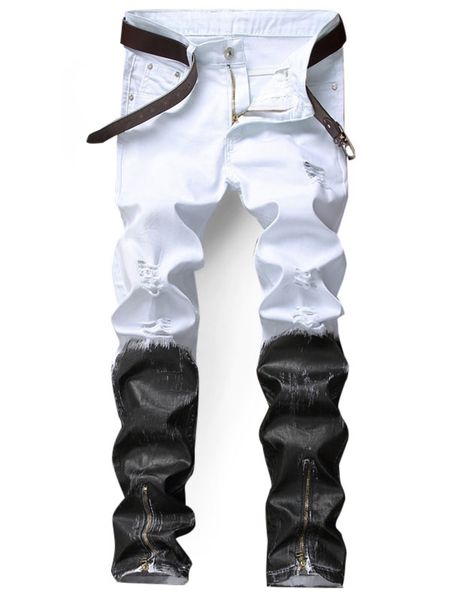

2018 new men zip hem two tone distressed jeans mid waist zipper jeans wash long pants straight frayed trims, Blue