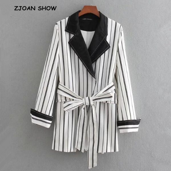 

retro black white vertical stripe bow tied sashes waist blazer 2018 women notched collar mid long suit jacket coat outerwear, White;black