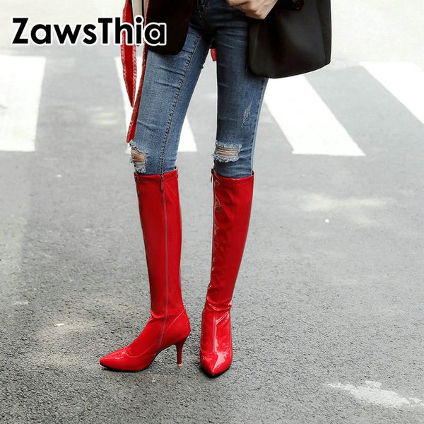 

zawsthia patent pu leather red white black point toe thin high heels women boots mid-calf club party woman boots size 47 48