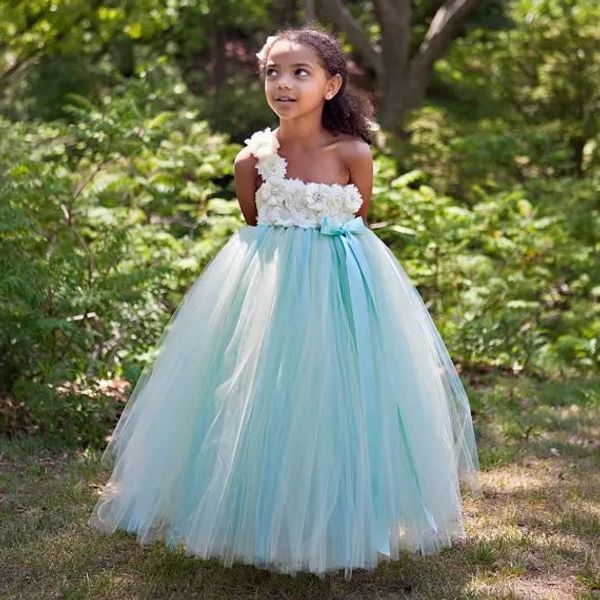 Mint Green Princess Blumenmädchen Brautkleider One Shoulder Strap Blumen Mieder Ballkleid Tüll Rock Kleine Mädchen Geburtstagsparty Kleider