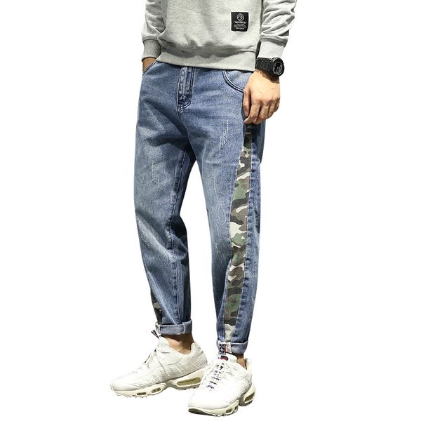 

mens stretch loose long cross pants teenager camouflage printing pants male fashion fit cool jeans with pockets aa51306, Blue