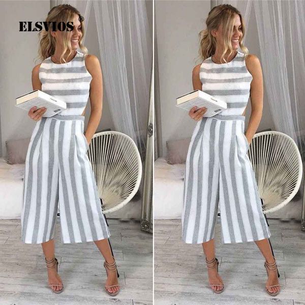 

elsvios women sleeveless striped print jumpsuit casual loose trousers wide leg pants rompers ladies elegant streetwear jumpsuits, Black;white