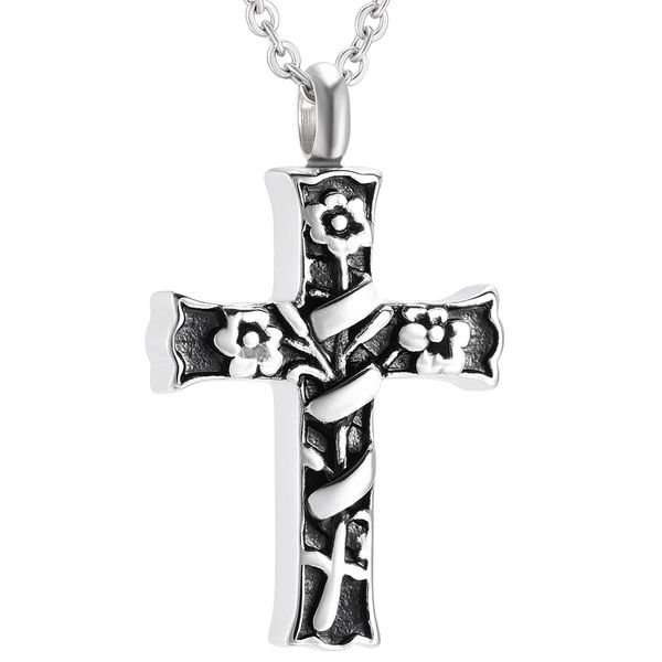 

mini cremation stainless steel lively flower cross keepsake pendant jewelry ash holder memorial urn necklace funeral locket, Silver