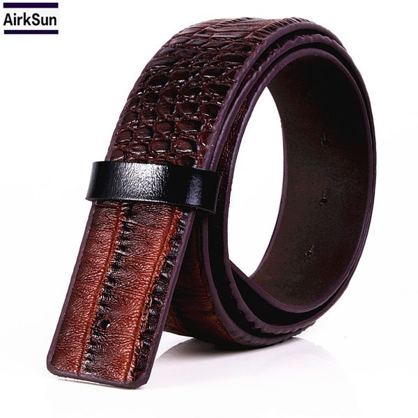 

fashion men's crocodile striped leather & pu belt without buckle designed for smooth buckle belt ceinture homme, Black;brown