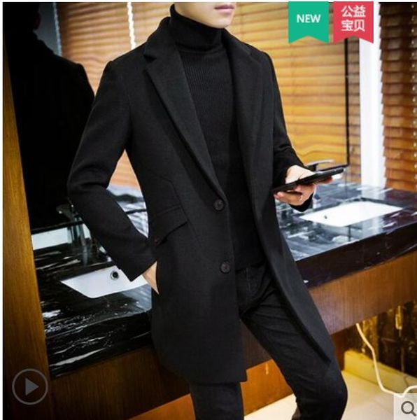 

m-xxxl winter long wool trench coat men 2018 new korean version of the men's slim casual wool woolen coat, Black