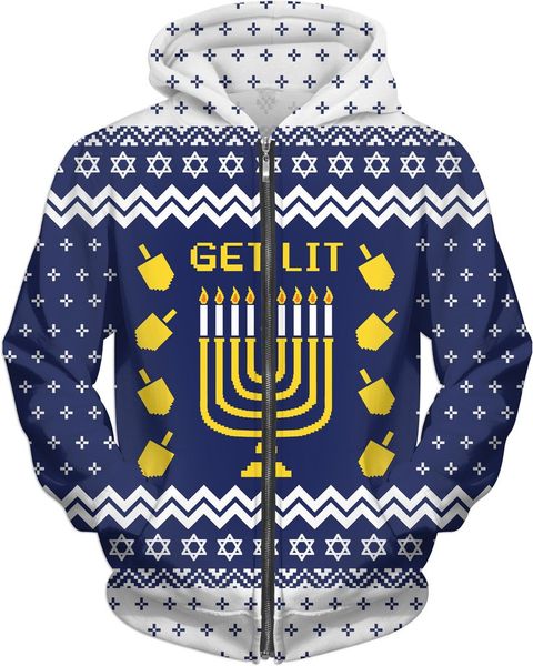 

get lit hanukkah zip-up hoodie long sleeve lit men"s hoodie spring winter christmas, Black