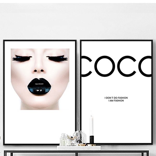 

modern fashion coco canvas painting girl posters and prints wall art picture for living room home decor black lips no frame